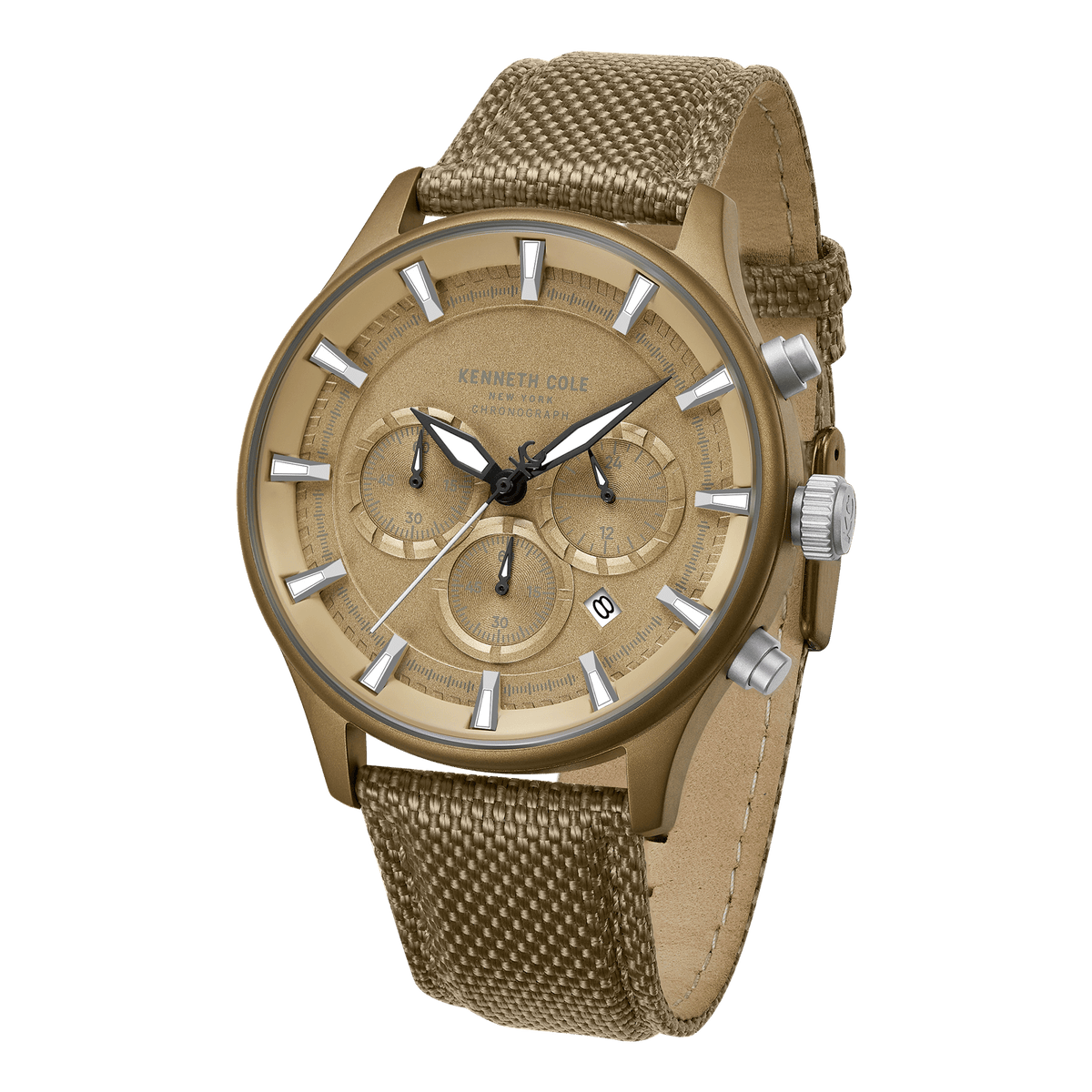 kenneth cole quartz chronograph khaki dial brown nylon strap watch kcwgo0058403mnw
