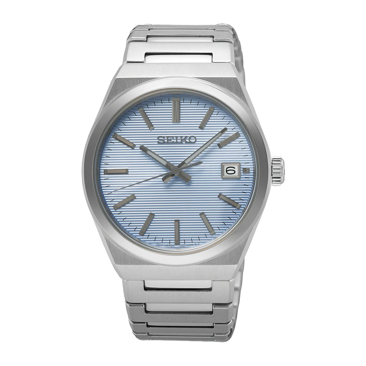 seiko men’s quartz watch with textured blue dial sur599p1